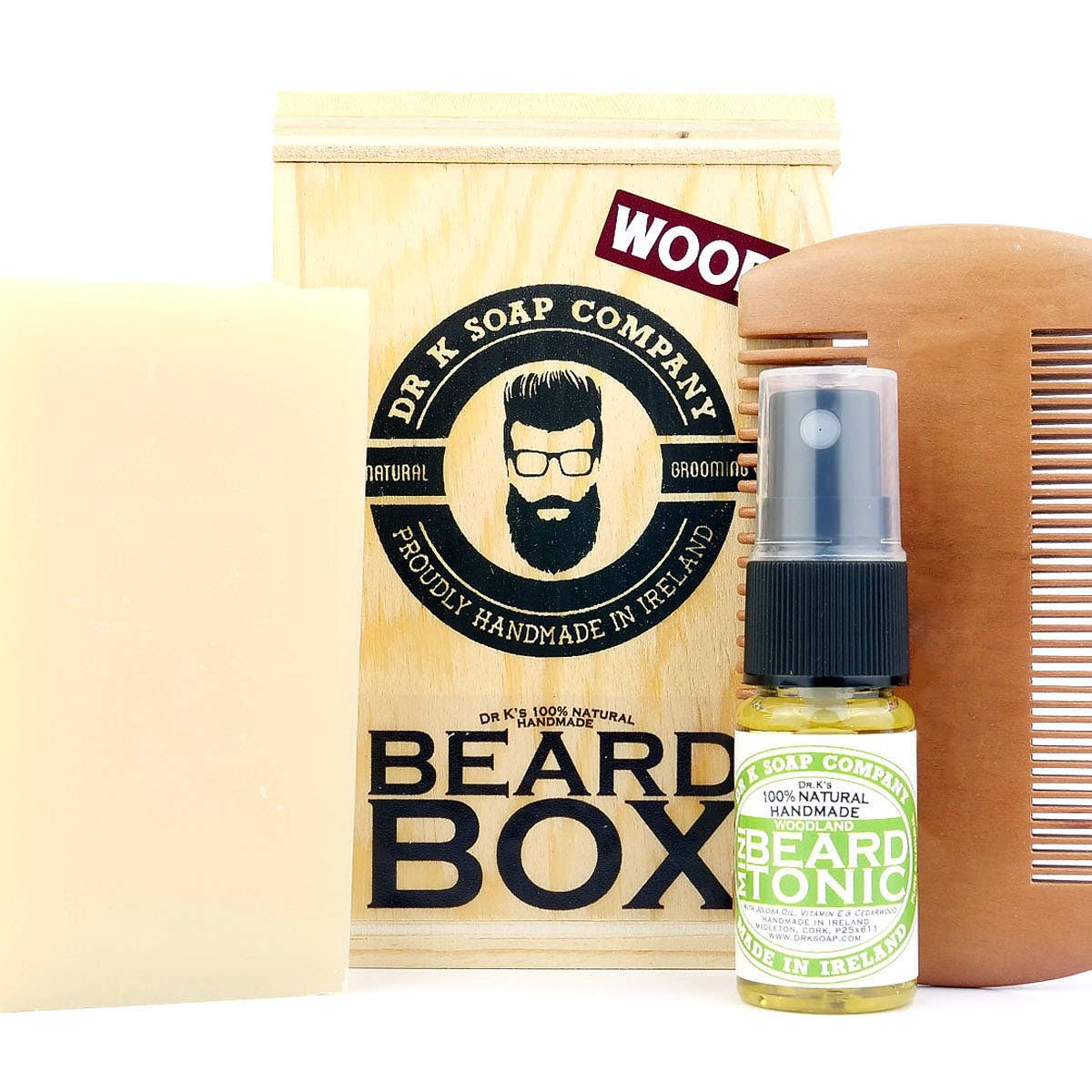 Kit de cuidado para barba com caixa de madeira, sabonete, spray e pente de madeira