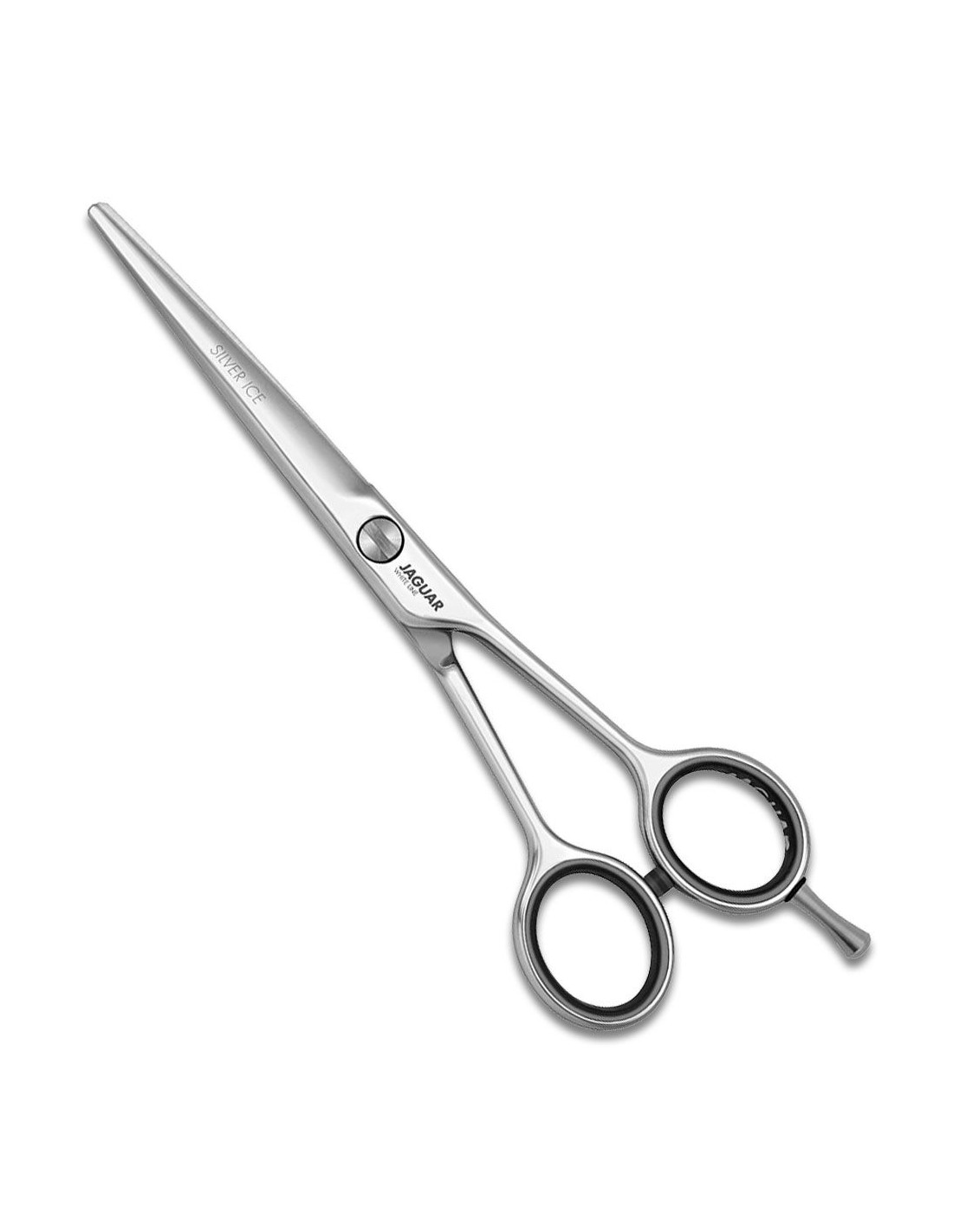 Tesoura de corte de cabelo em metal prateado com alças pretas e inscrição JAGUAR