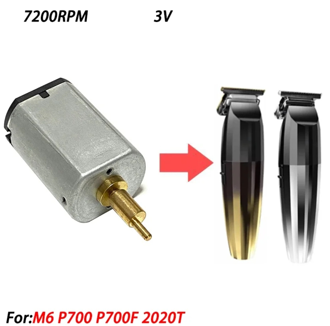 Motor elétrico prateado com texto e duas máquinas de cortar cabelo pretas e douradas