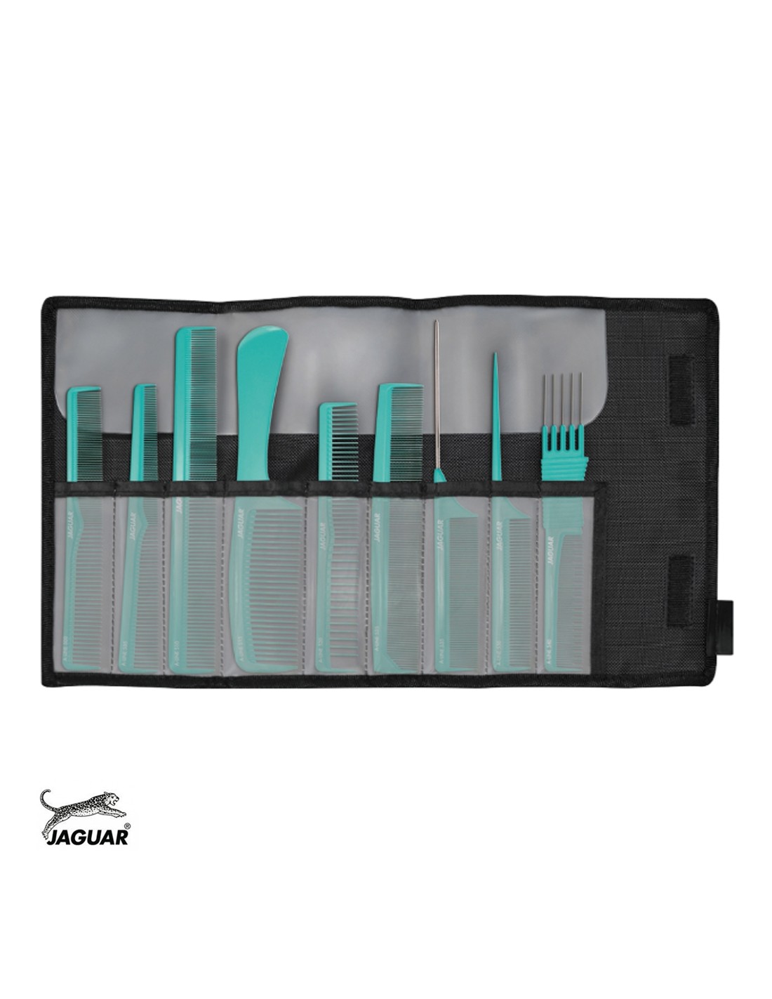 Conjunto de pentes verdes em estojo preto aberto