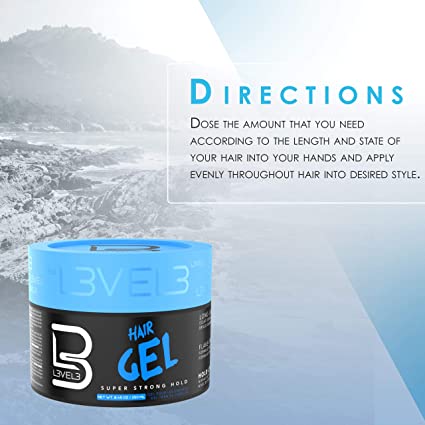 Frasco de gel de cabelo preto e azul com instruções e paisagem de fundo