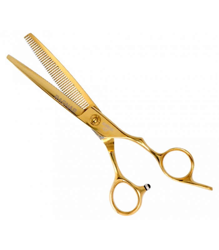 Tesoura de corte de cabelo dourada com lâminas dentada e lisa