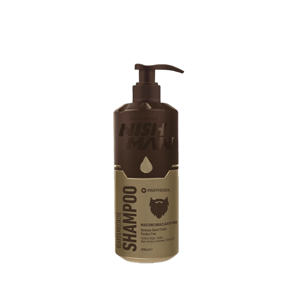 Frasco de shampoo para barba e bigode NISH MAN castanho e bege com texto e bomba.