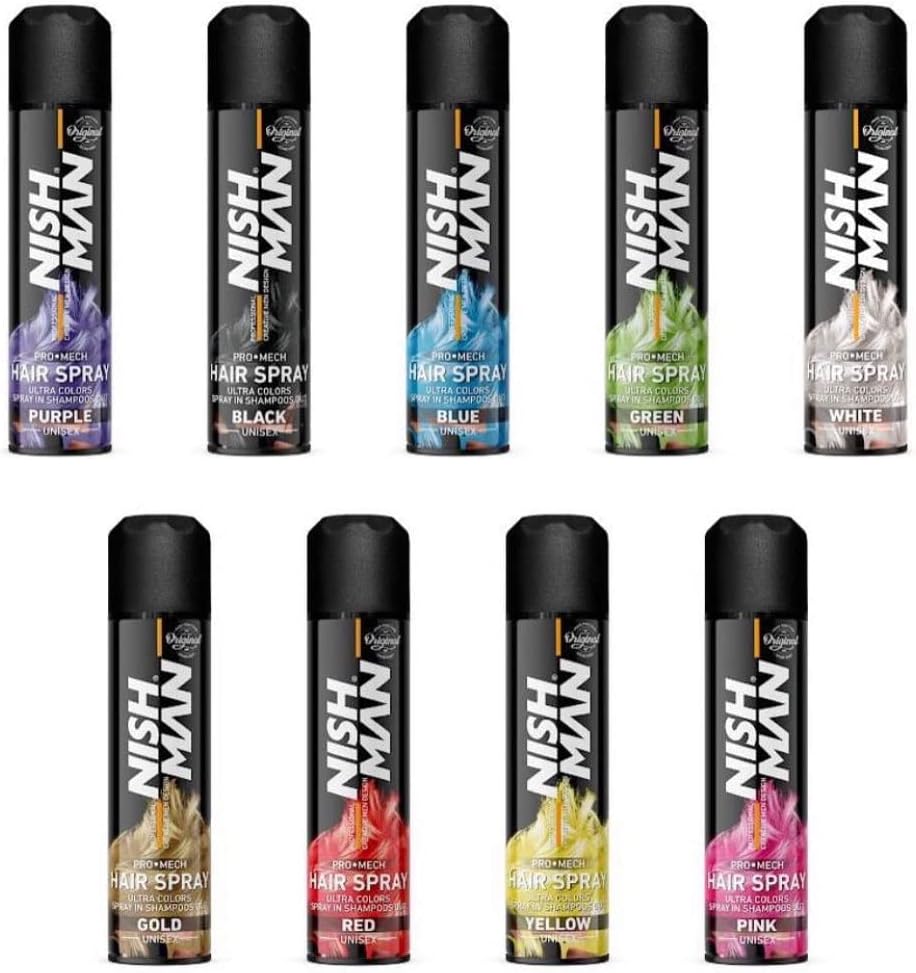 Dez latas de spray de cabelo NISH MAN em várias cores com tampas pretas