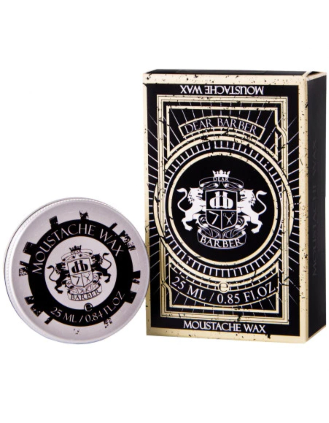 Cera para bigode em lata preta e branca e caixa preta com texto e símbolo dourados