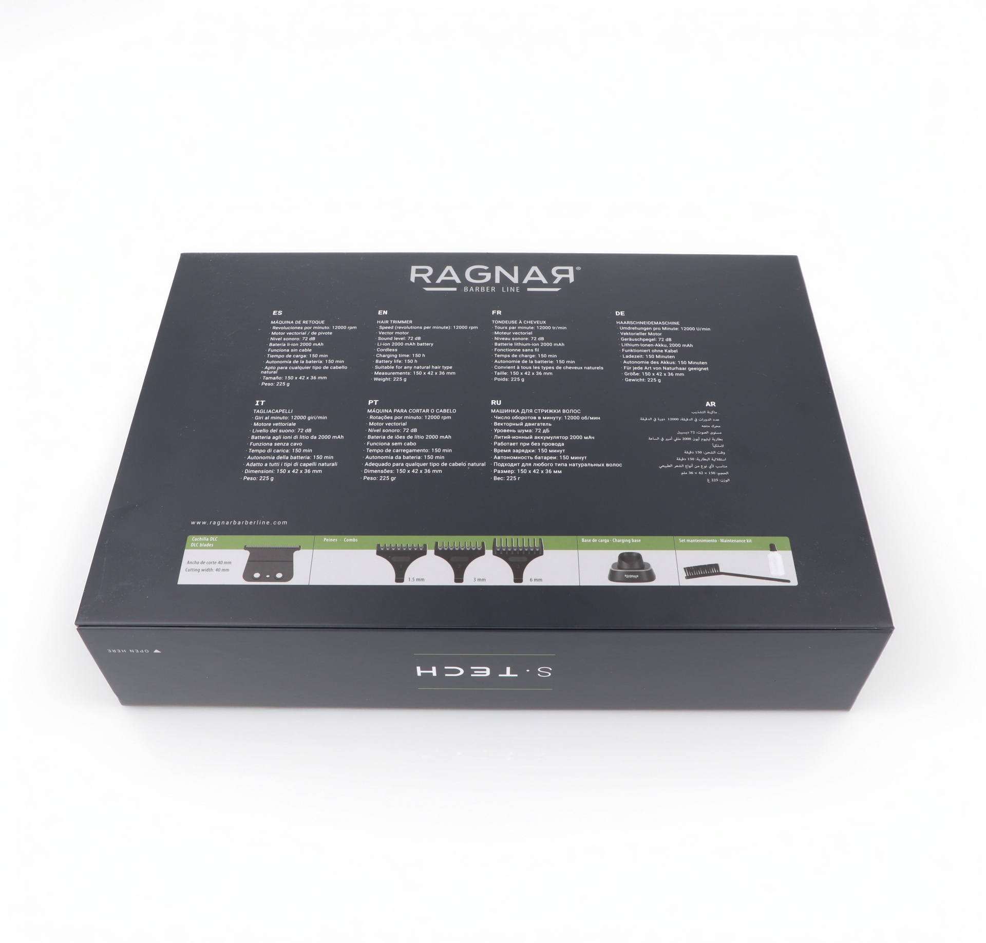 Caixa preta com texto sobre máquina de cortar cabelo e acessórios