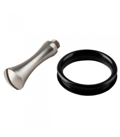 Peça metálica prateada cónica com rosca e anel preto em fundo branco