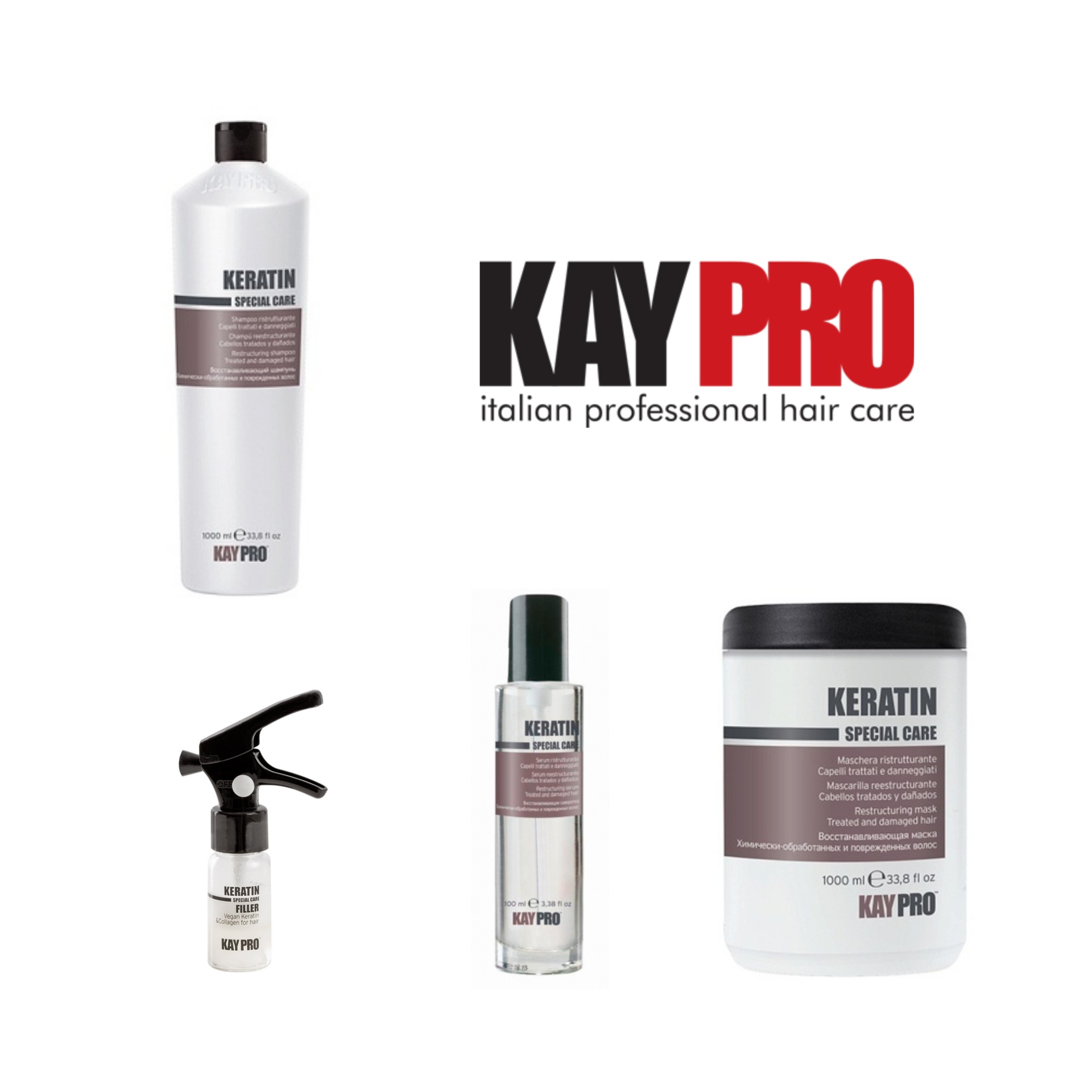 Produtos capilares KayPro Keratin Special Care com frascos e embalagem brancos, detalhes pretos e etiquetas cinza