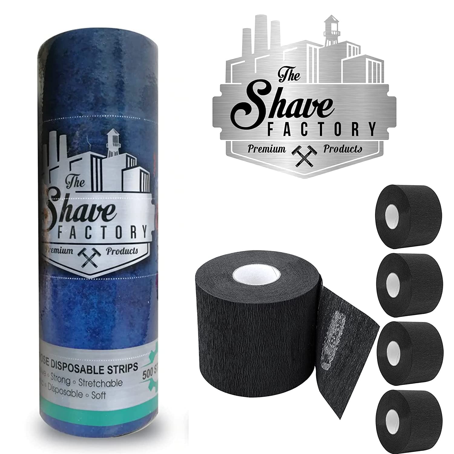 Tiras descartáveis para barbear The Shave Factory em embalagem azul e tiras pretas em rolos