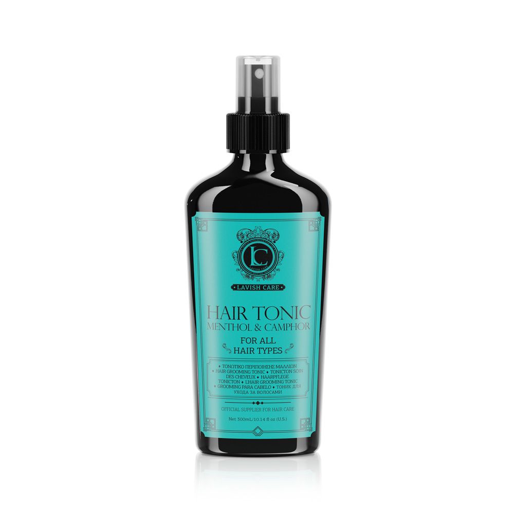 Frasco spray preto com rótulo azul turquesa de tónico capilar com menta e camomila