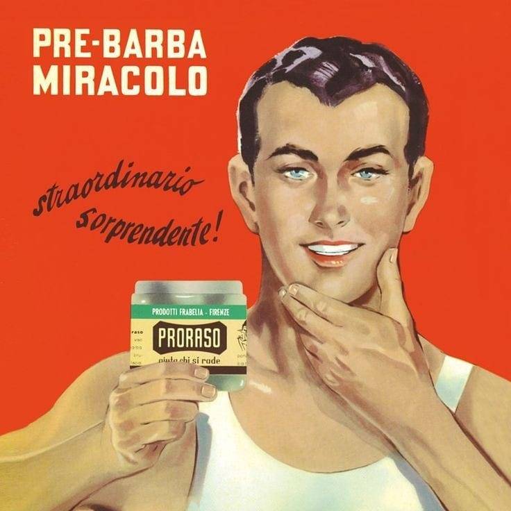 Homem vintage segurando creme PRORASO com texto PRE-BARBA MIRACOLO em fundo vermelho