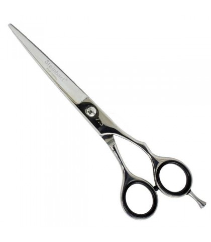 Tesoura de corte para cabelo metálica com cabo negro e lâmina prateada