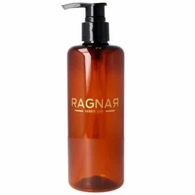 Frasco de plástico âmbar com bomba preta e texto RAGNAR BARBER LINE