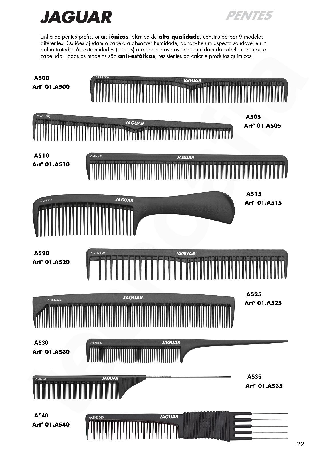 Linha de pentes profissionais JAGUAR em preto com códigos e descrições técnicas