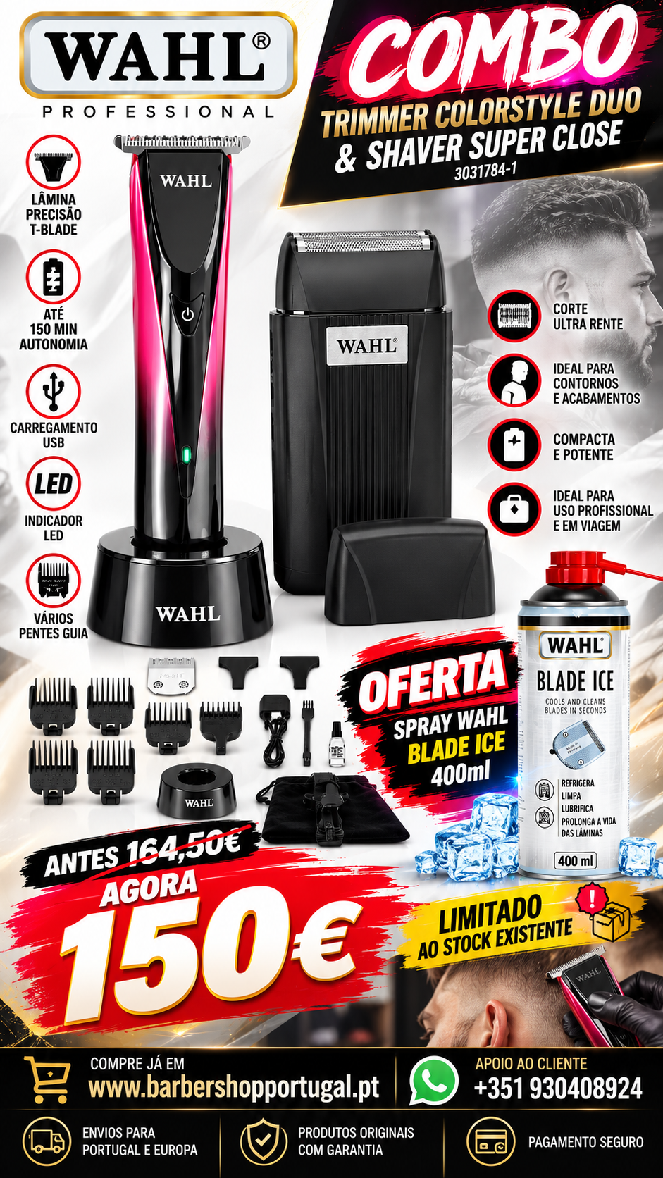 Combo Wahl Trimmer Colorstyle Duo e Shaver Super Close com acessórios e spray Blade Ice