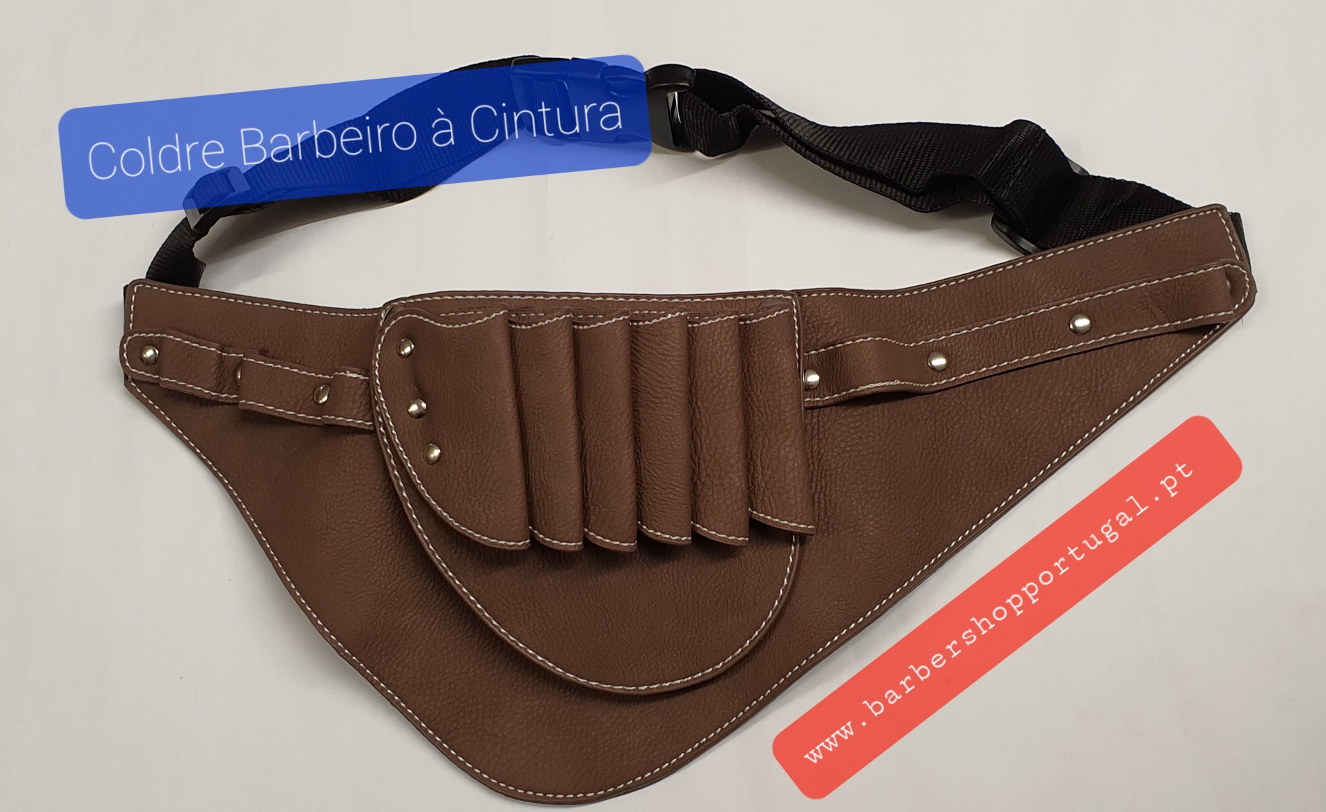 Coldre barbeiro à cintura castanho com costuras brancas e compartimentos