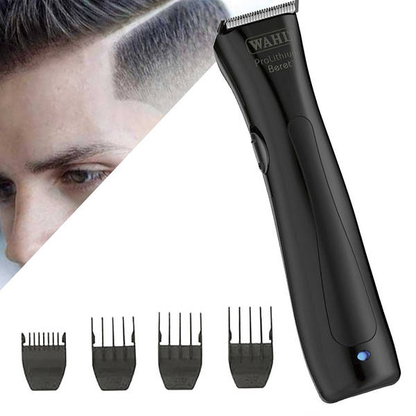 Máquina de barbear elétrica preta WAHL com quatro pentes e imagem de cabelo curto ao fundo