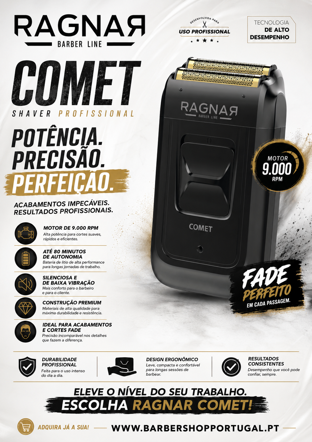 Aparador de barba elétrico preto Ragnãr Comet com textos promocionais
