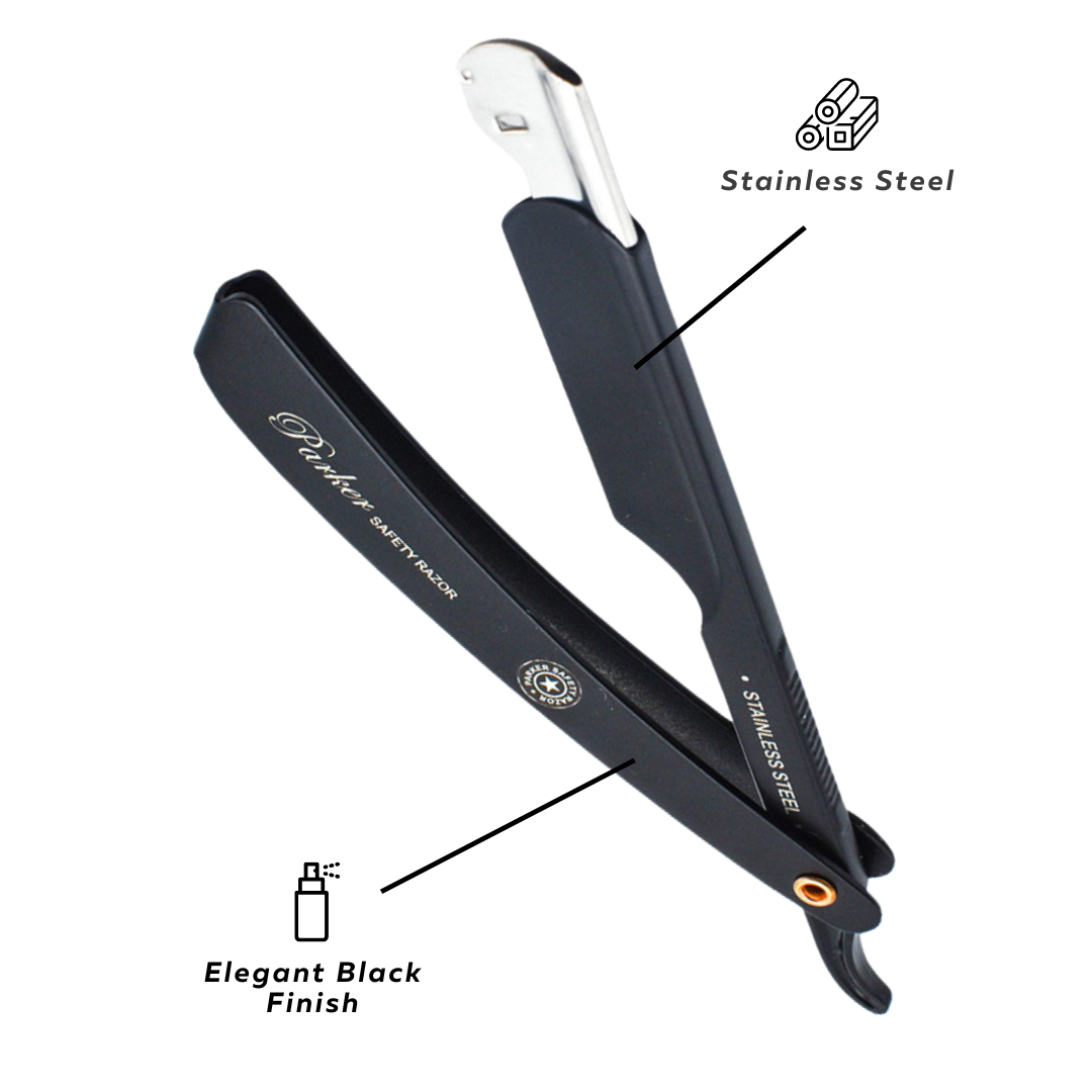 Navaja de barbear preta com lâmina em aço inoxidável e texto visível