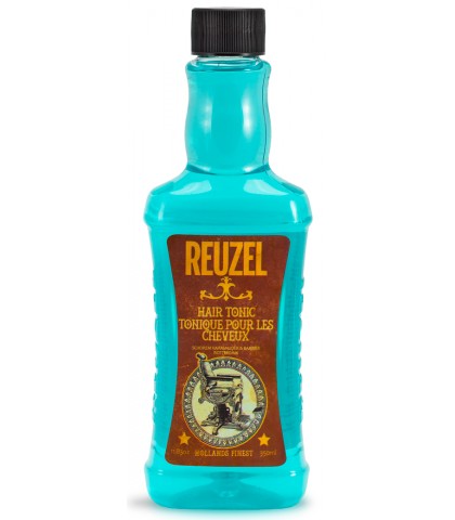 Frasco azul de tónico capilar Reuzel com rótulo castanho