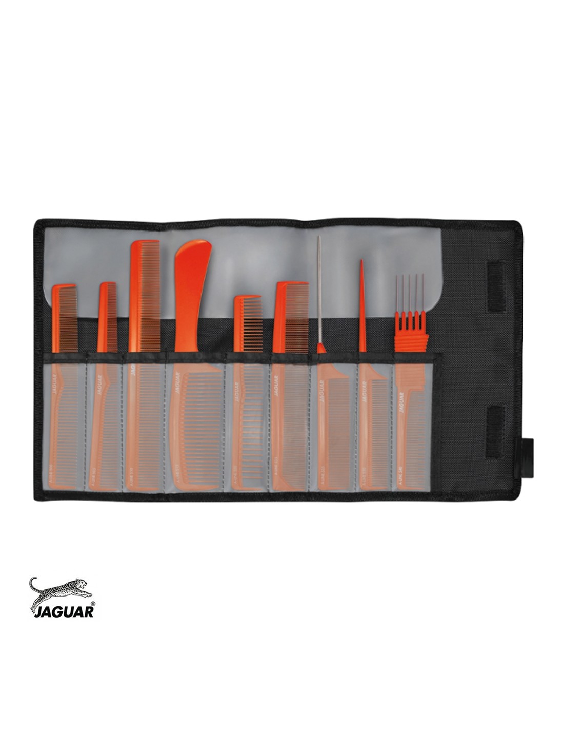 Conjunto de pentes laranja em capa preta com bolsos transparentes e logótipo JAGUAR