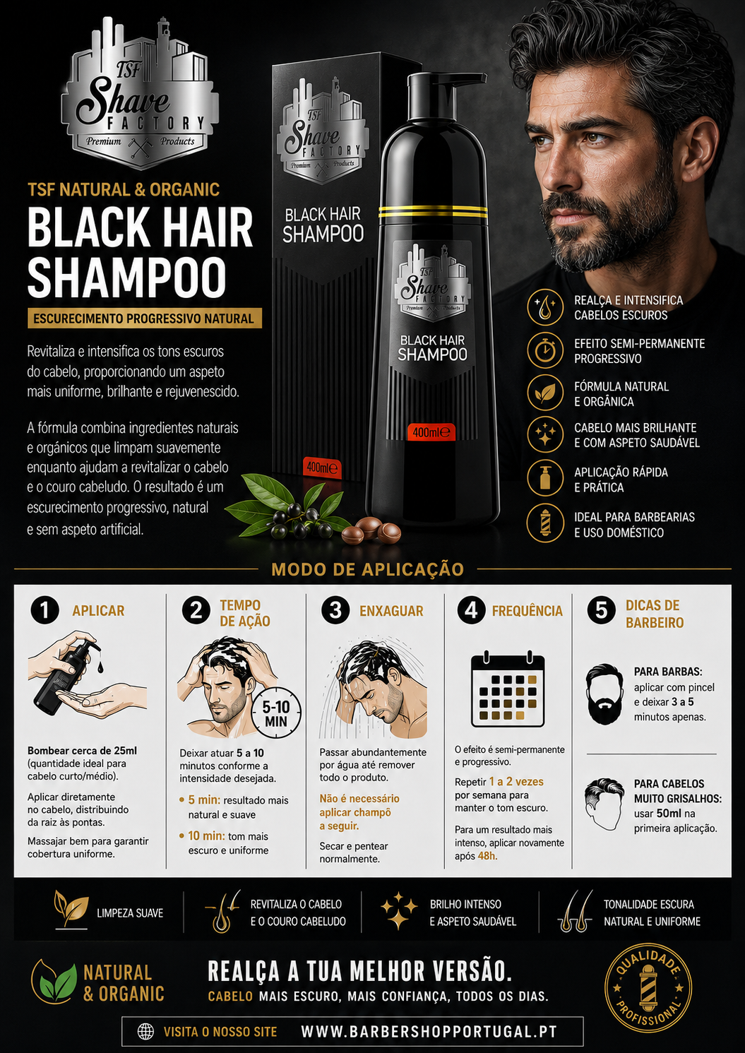 Embalagem e frasco preto de champô para cabelo com texto informativo em português e homem com cabelo e barba escuros ao lado