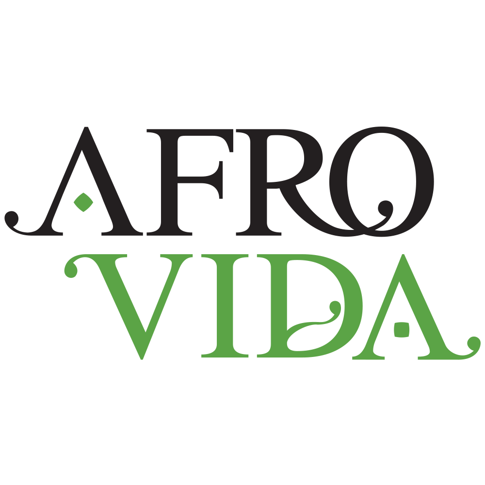 Logótipo com texto AFRO VIDA em preto e verde com detalhes decorativos