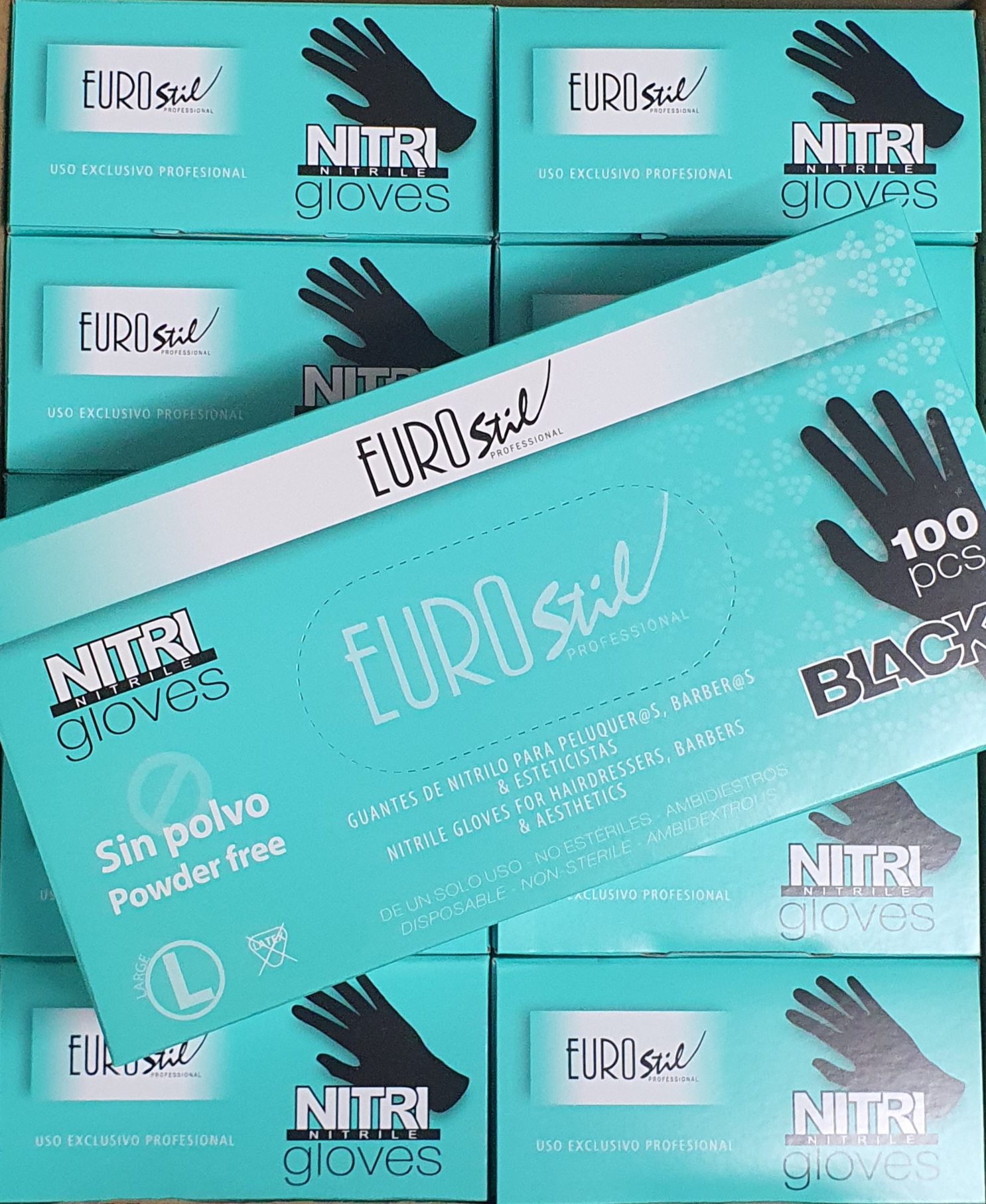 Caixas de luvas nitrilo pretas da marca EUROstil empilhadas