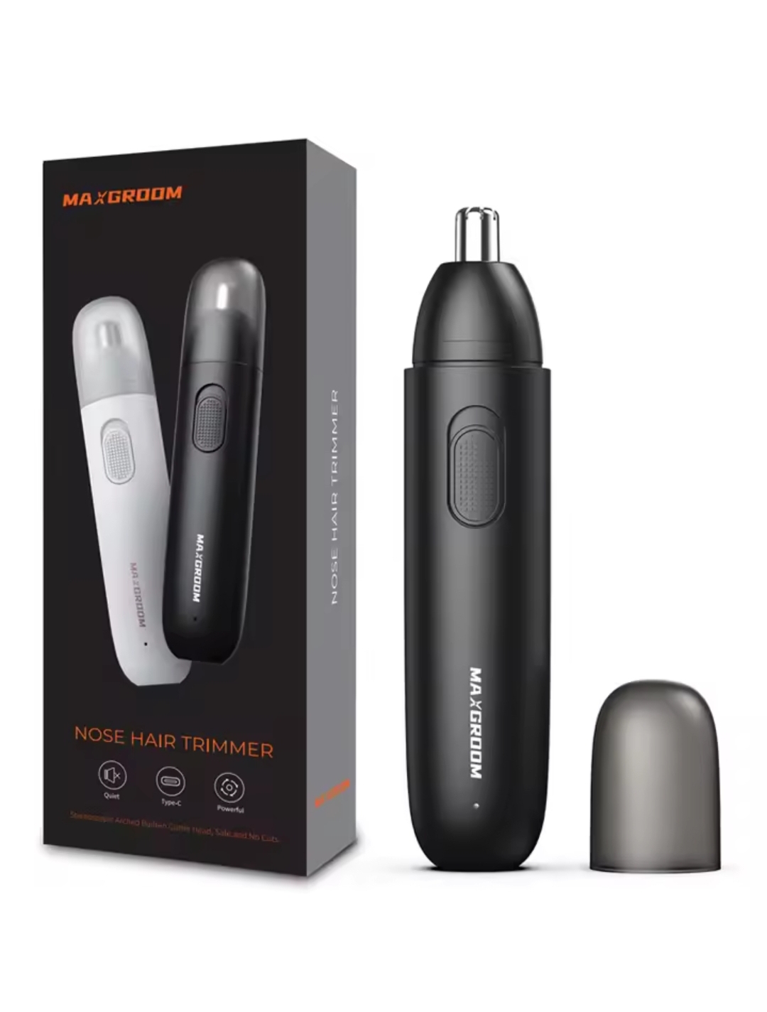 Aparador de pêlos do nariz Maxgroom preto com tampa e embalagem