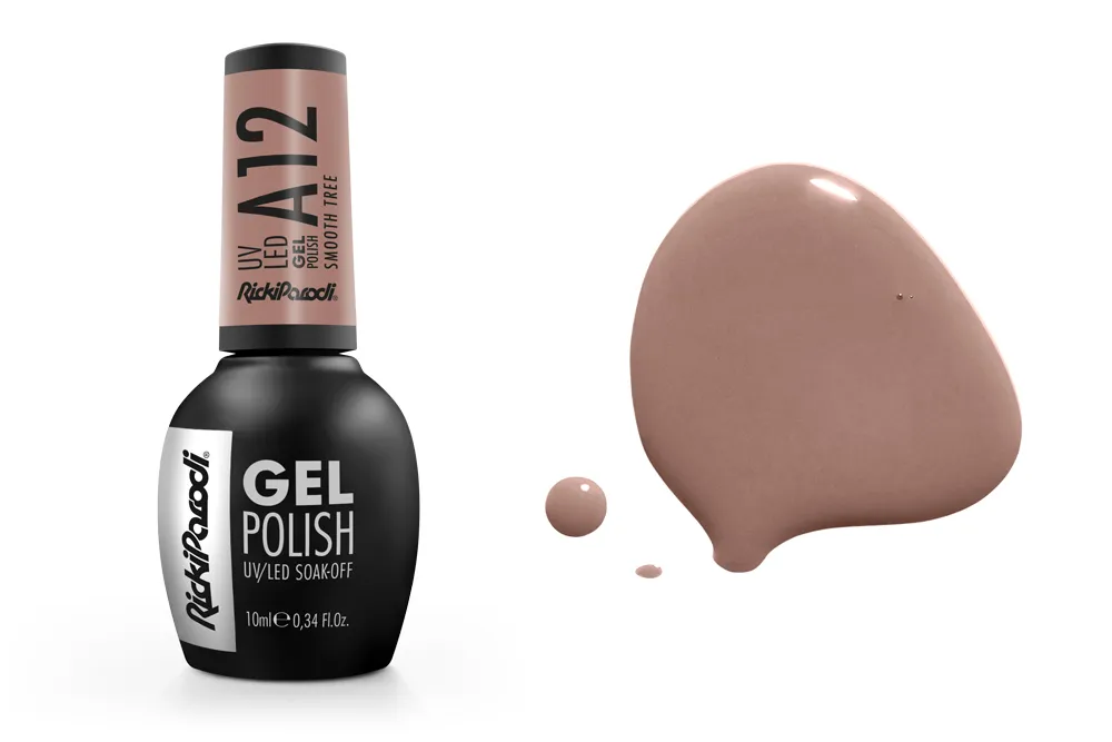 Frasco de verniz gel preto com tampa rosa claro e amostra da cor do verniz