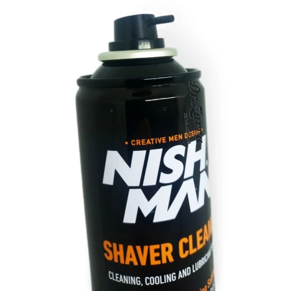 Frasco de spray preto com texto laranja e branco para limpeza de barbeadores