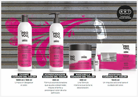 Produtos de cuidado capilar PRO YOU com embalagens rosa e brancas frente a mural colorido.