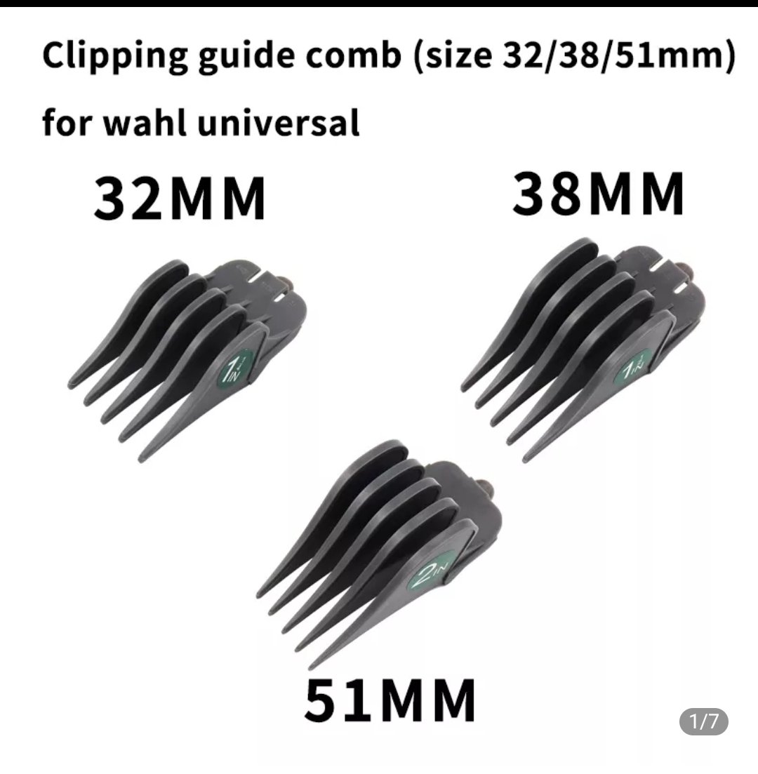 Três pentes guia de corte para Wahl em plástico preto com etiquetas verdes