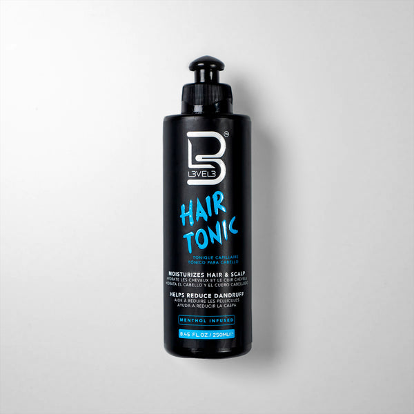 Frasco preto de Hair Tonic Level 3 com texto azul e branco