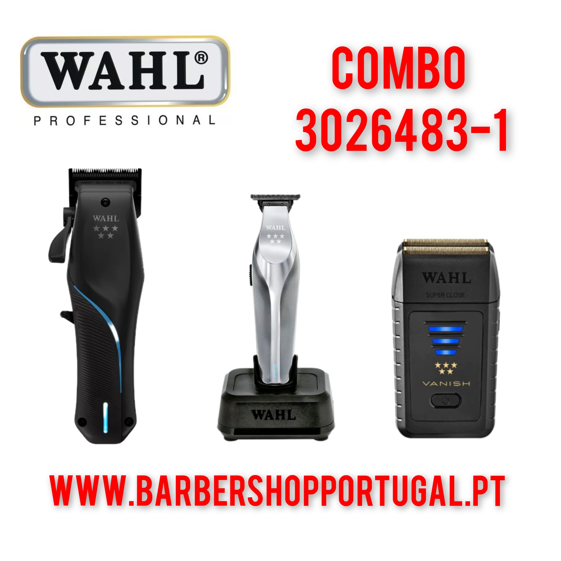 Três aparadores WAHL Professional preto e cinza com texto promocional em fundo branco
