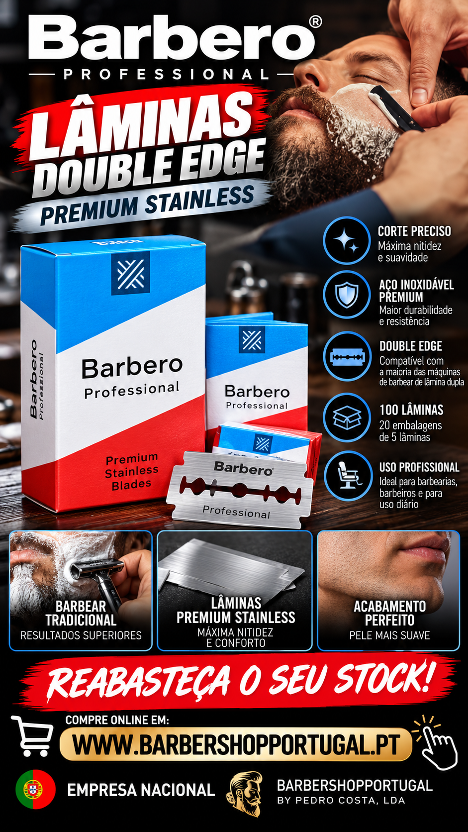 Embalagens e lâminas de barbear Barbero Professional com texto e imagem relacionada ao barbear