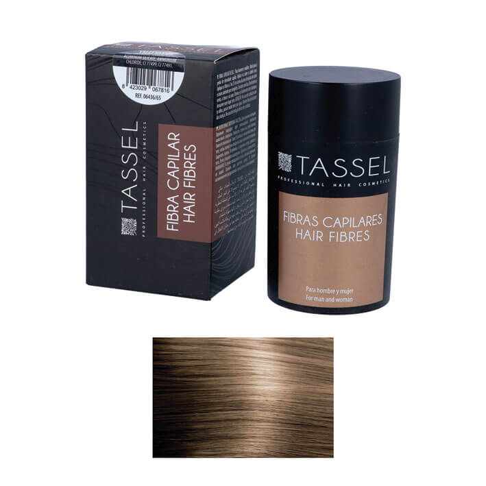 Produtos TASSEL Fibras Capilares Hair Fibres com embalagem preta e amostra de cabelo castanho claro