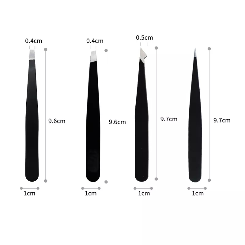 Quatro pinças pretas de metal com diferentes pontas e medidas visíveis