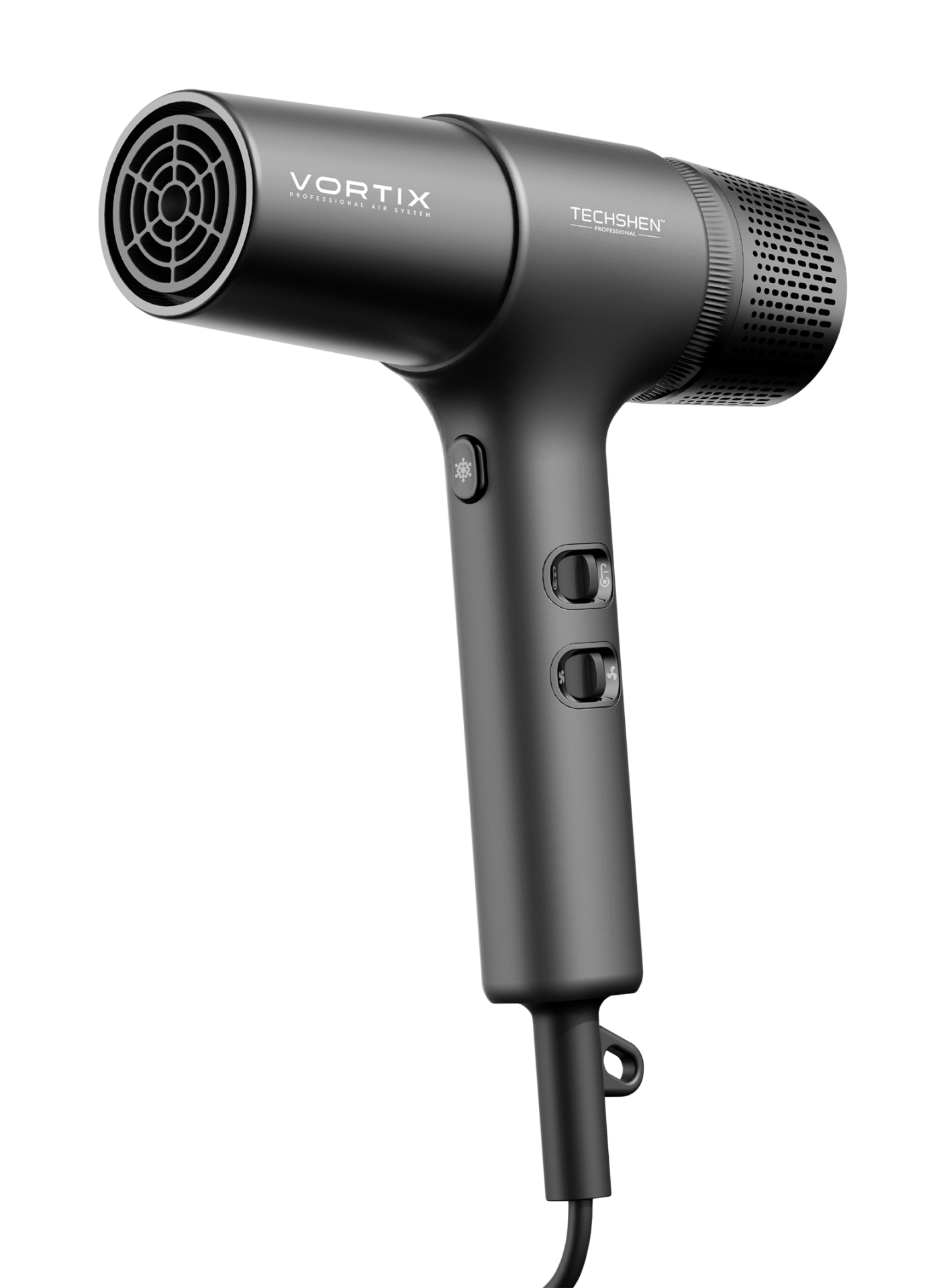Secador de cabelo preto mate com texto VORTIX e TECHSHEN