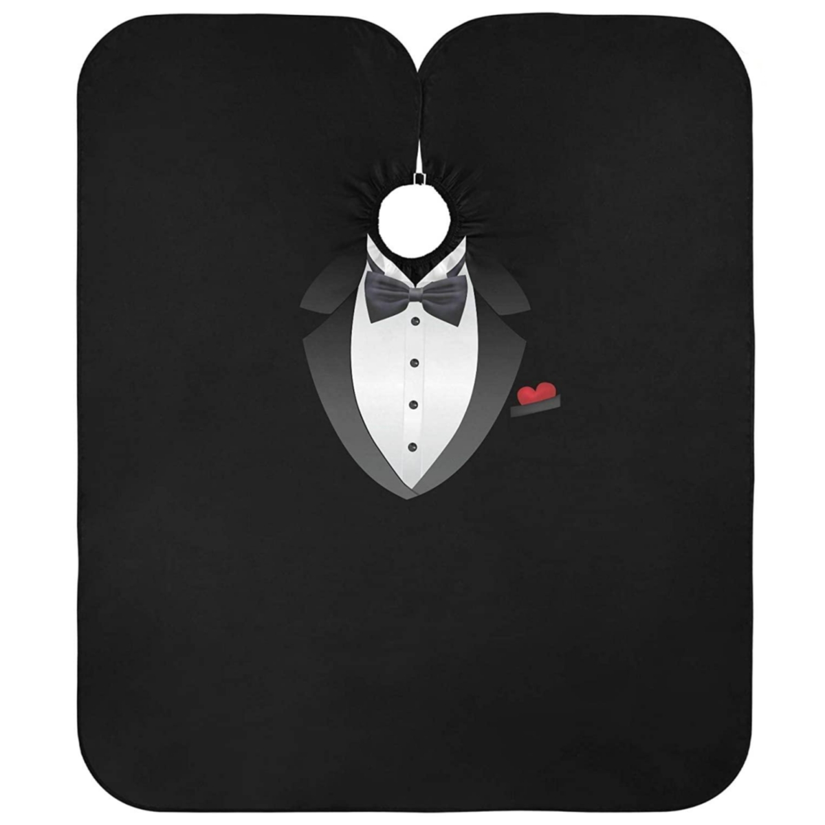 Capa de corte preta com design de fato de smoking e abertura para o pescoço