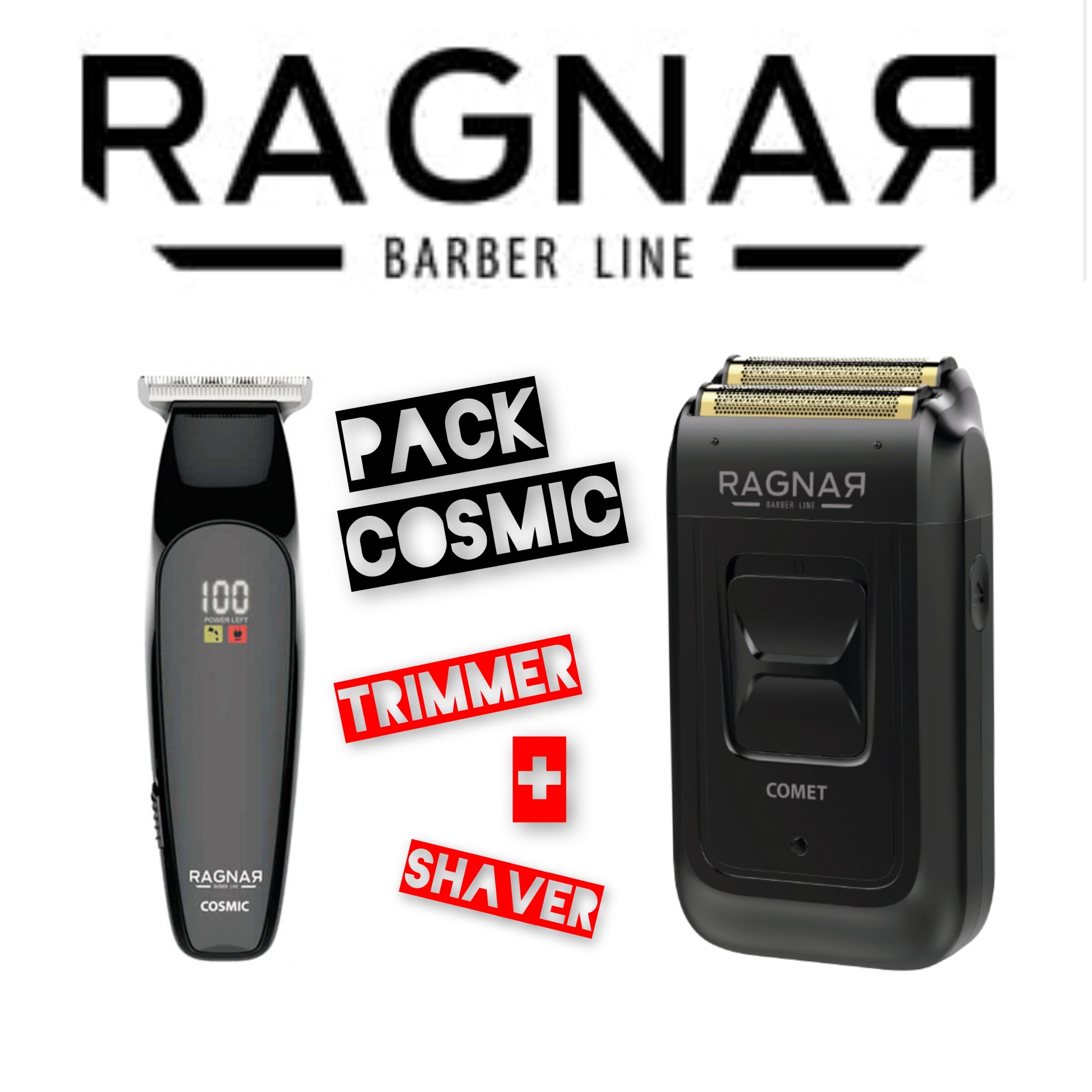 Aparador e barbeador elétrico RAGNAR BARBER LINE pretos com texto promocional