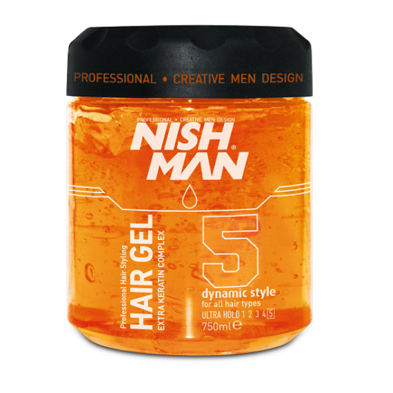 Frasco de gel de cabelo laranja NISH MAN com tampa preta e texto branco