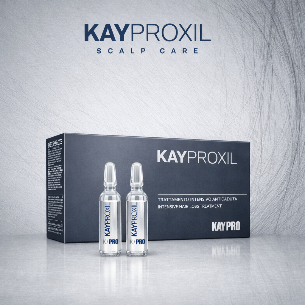 Caixa cinza escura e duas ampolas transparentes de tratamento capilar KAYPROXIL K/PRO