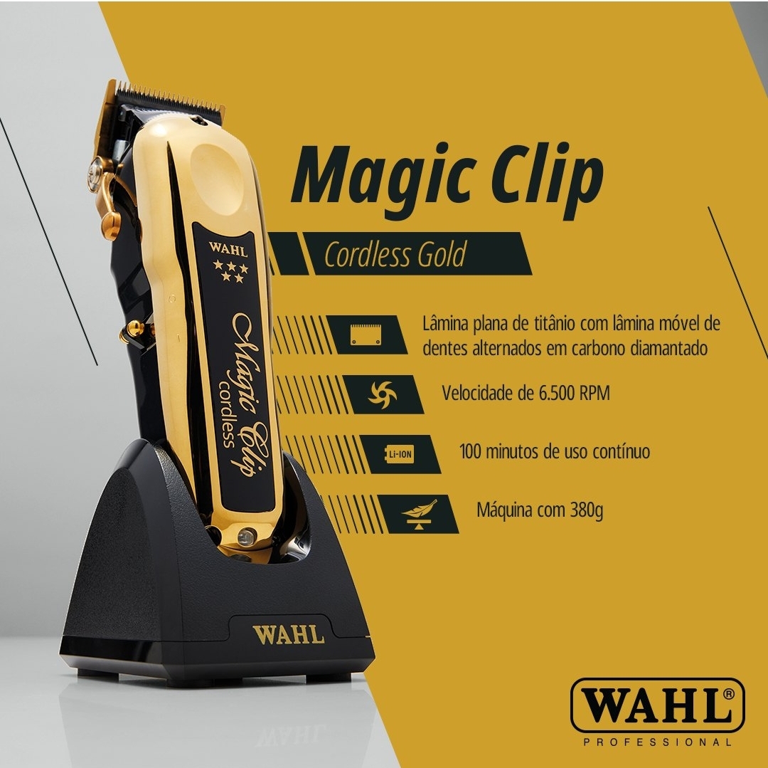 Máquina de cortar cabelo dourada e preta WAHL Magic Clip em base de carga