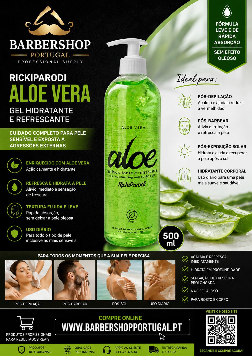 Gel hidratante RickiParodi Aloe Vera 500 ml em embalagem transparente com válvula branca e texto verde e preto.