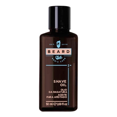 Frasco de óleo de barbear Beard Club com rótulo azul, preto e branco