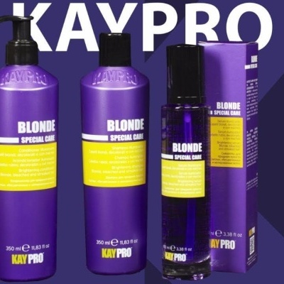 Produtos KayPro Blonde Special Care roxos com detalhes amarelos sobre fundo roxo