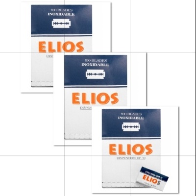 Caixas e embalagem de lâminas de barbear ELÍOS em azul, branco e laranja