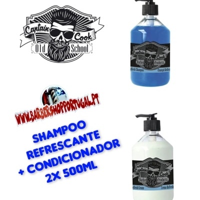 Dois frascos com produtos para cabelo rotulados Captain Cook Old School e texto promocional em português.