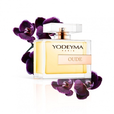 Frasco de perfume YODEYMA PARIS OUDE com flores roxas
